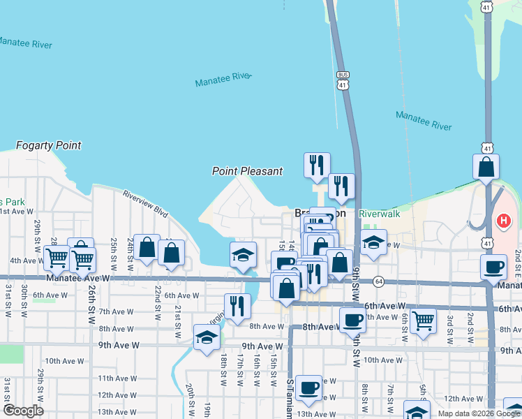 map of restaurants, bars, coffee shops, grocery stores, and more near 1510 1st Avenue West in Bradenton