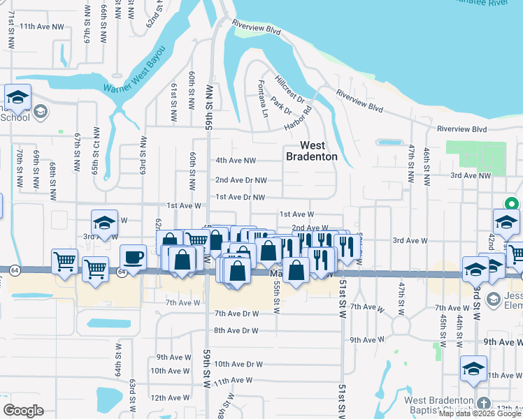 map of restaurants, bars, coffee shops, grocery stores, and more near 5610 1st Avenue West in Bradenton