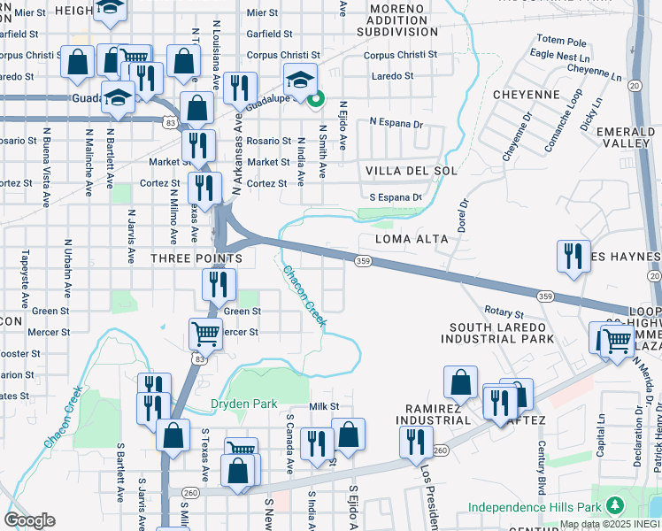 map of restaurants, bars, coffee shops, grocery stores, and more near 3108 Chacon Street in Laredo