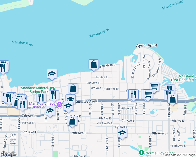map of restaurants, bars, coffee shops, grocery stores, and more near 1822 1st Avenue East in Bradenton