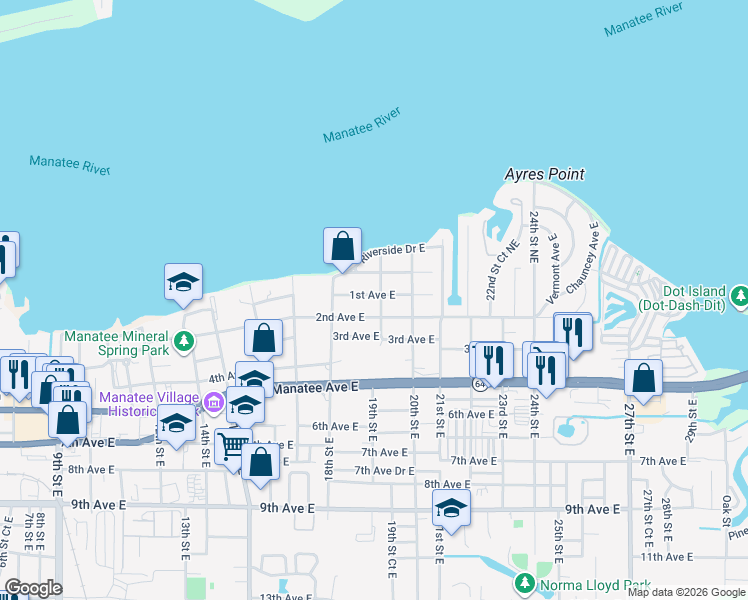 map of restaurants, bars, coffee shops, grocery stores, and more near 1822 1st Avenue East in Bradenton