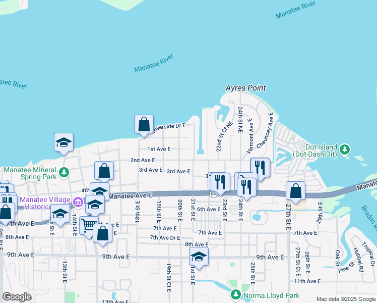 map of restaurants, bars, coffee shops, grocery stores, and more near 2014 1st Avenue East in Bradenton