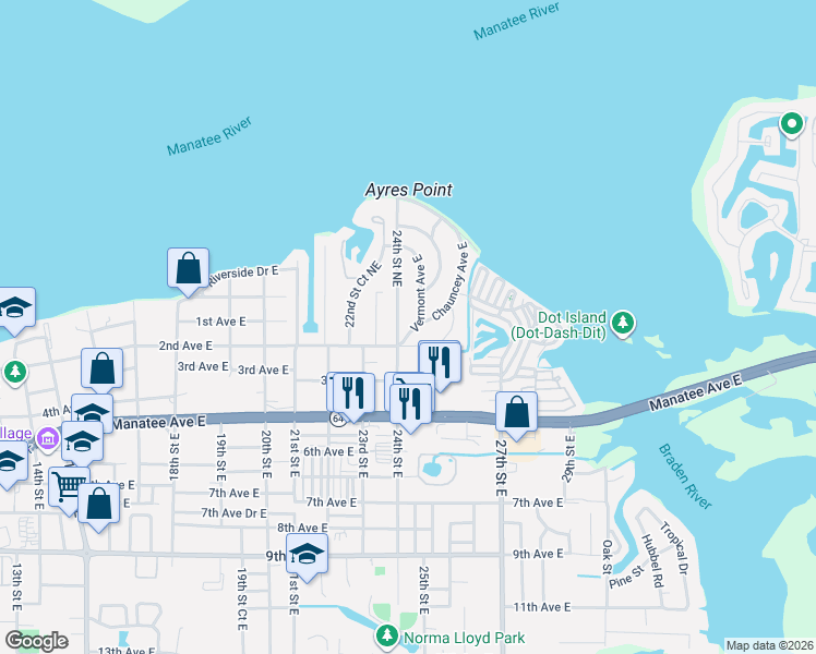 map of restaurants, bars, coffee shops, grocery stores, and more near 102 24th Street Northeast in Bradenton