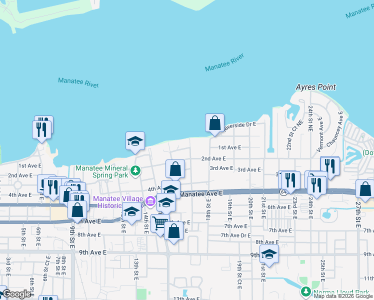 map of restaurants, bars, coffee shops, grocery stores, and more near 108 17th Street East in Bradenton