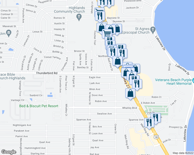 map of restaurants, bars, coffee shops, grocery stores, and more near Eagle Avenue in Sebring