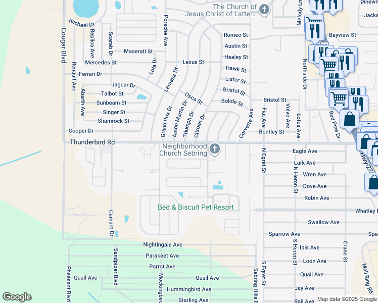 map of restaurants, bars, coffee shops, grocery stores, and more near 329 Manor Circle in Sebring
