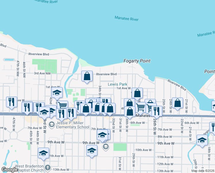map of restaurants, bars, coffee shops, grocery stores, and more near 3218 1st Avenue West in Bradenton
