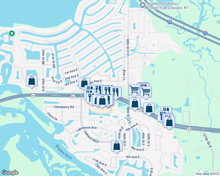 map of restaurants, bars, coffee shops, grocery stores, and more near 4612 4th Avenue Drive East in Bradenton