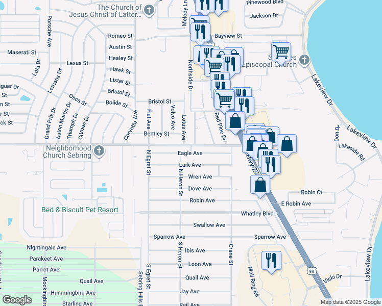 map of restaurants, bars, coffee shops, grocery stores, and more near Eagle Avenue in Sebring