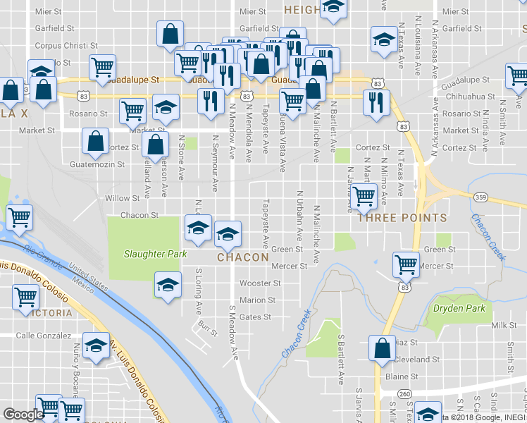 map of restaurants, bars, coffee shops, grocery stores, and more near 1720 Chacon Street in Laredo