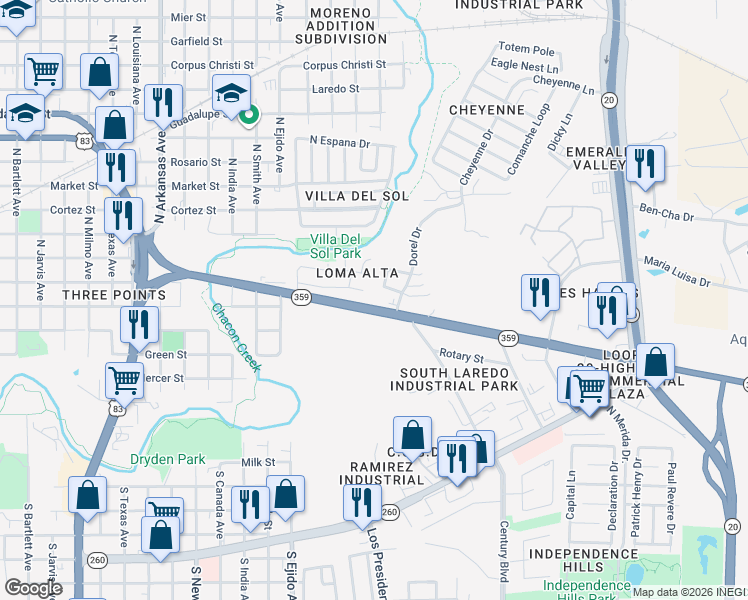 map of restaurants, bars, coffee shops, grocery stores, and more near 3710 Highway South H-359 in Laredo