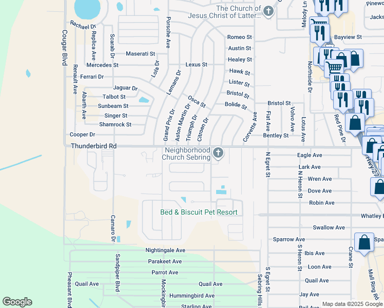 map of restaurants, bars, coffee shops, grocery stores, and more near 329 Manor Circle in Sebring