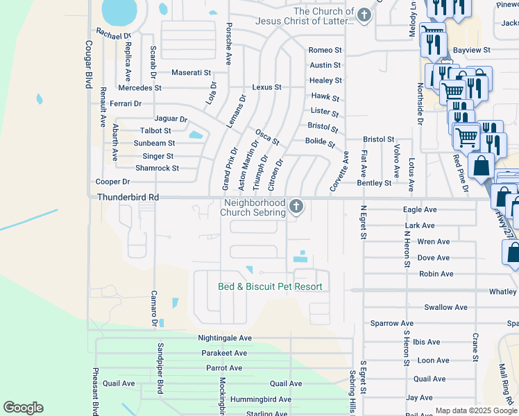 map of restaurants, bars, coffee shops, grocery stores, and more near 329 Manor Circle in Sebring