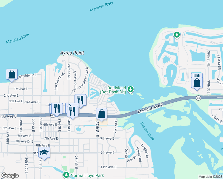map of restaurants, bars, coffee shops, grocery stores, and more near 33 Riverview Lane in Bradenton