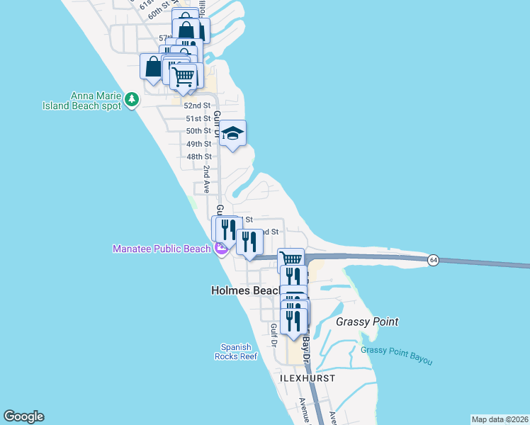 map of restaurants, bars, coffee shops, grocery stores, and more near in Bradenton Beach