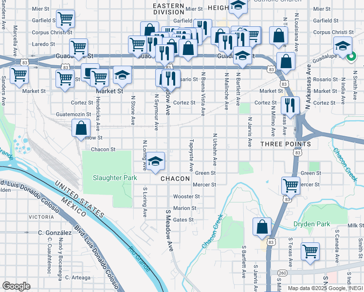 map of restaurants, bars, coffee shops, grocery stores, and more near 1720 Chacon Street in Laredo