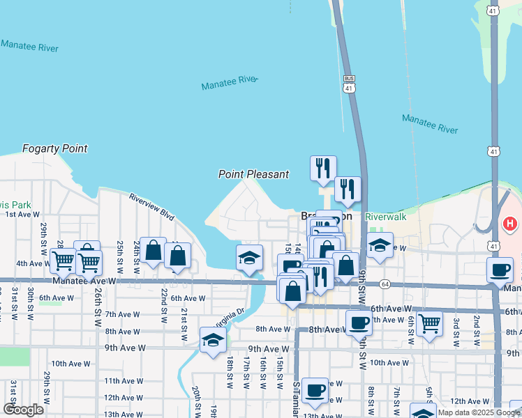 map of restaurants, bars, coffee shops, grocery stores, and more near 1650 1st Avenue West in Bradenton