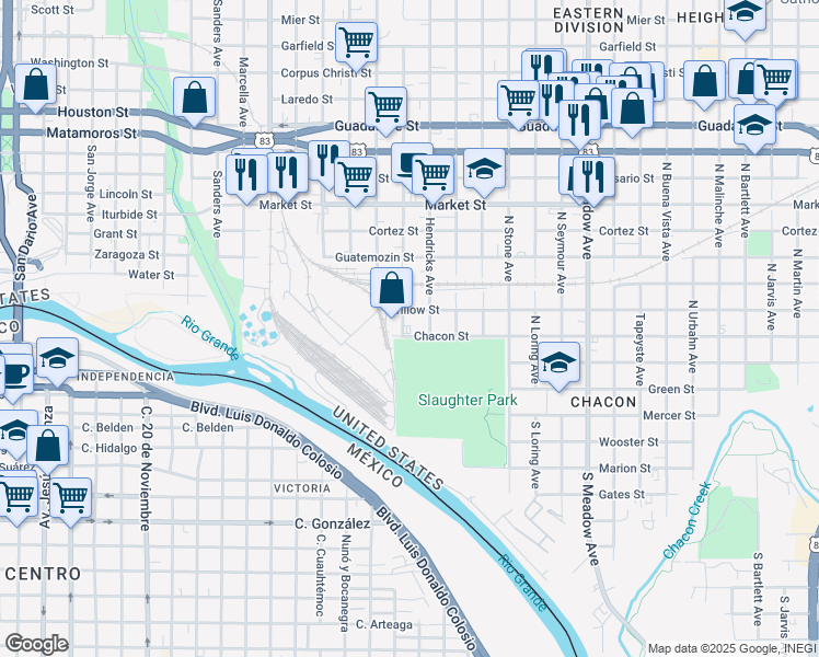 map of restaurants, bars, coffee shops, grocery stores, and more near 902 Chacon Street in Laredo