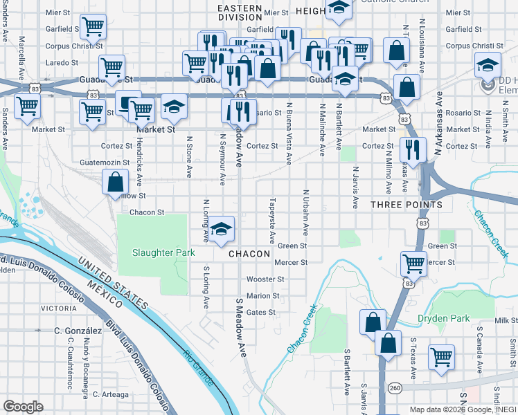 map of restaurants, bars, coffee shops, grocery stores, and more near 1720 Chacon Street in Laredo