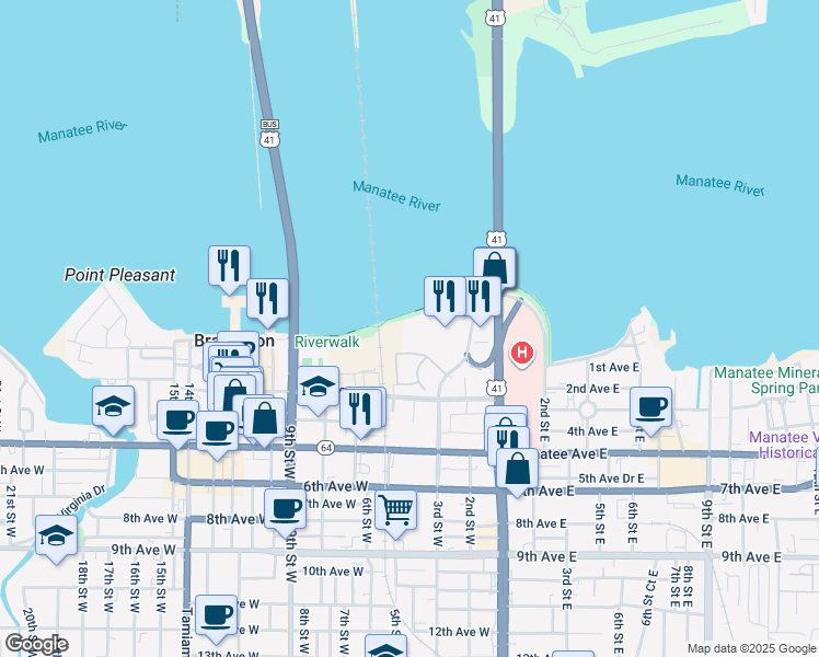 map of restaurants, bars, coffee shops, grocery stores, and more near 204 3rd Street West in Bradenton