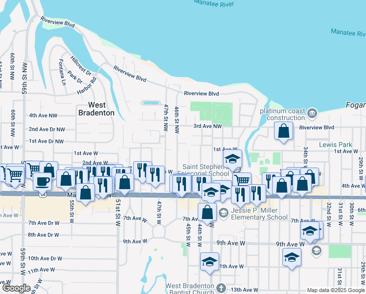 map of restaurants, bars, coffee shops, grocery stores, and more near 4507 1st Avenue Drive Northwest in Bradenton