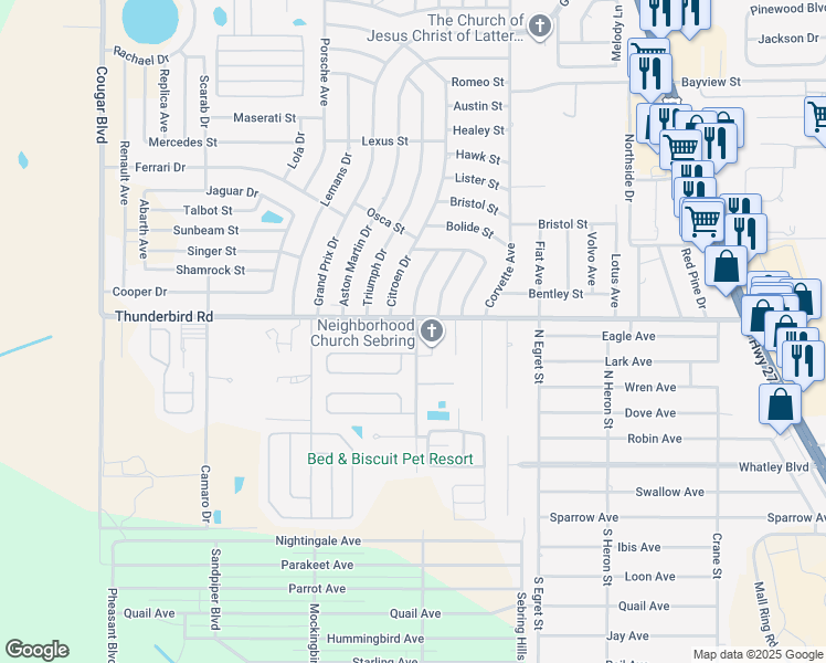 map of restaurants, bars, coffee shops, grocery stores, and more near 698 Manor Circle in Sebring