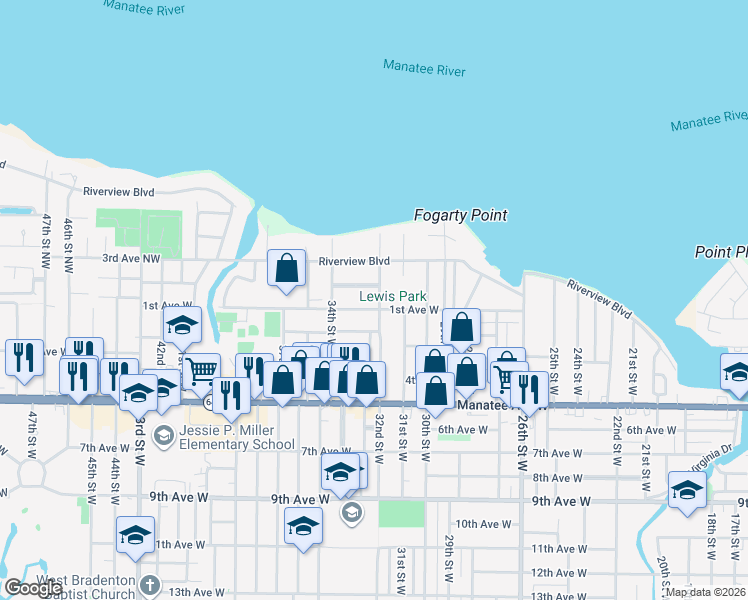 map of restaurants, bars, coffee shops, grocery stores, and more near 3218 1st Avenue West in Bradenton