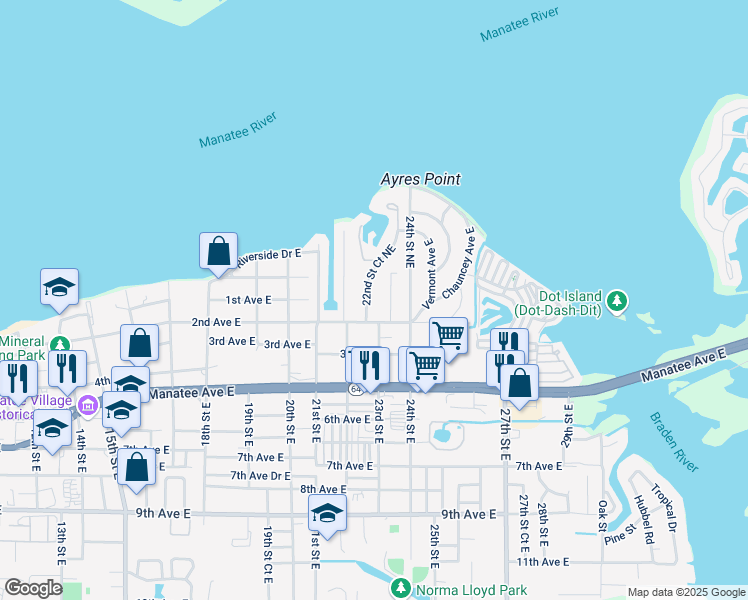 map of restaurants, bars, coffee shops, grocery stores, and more near 101 22nd Street Court Northeast in Bradenton