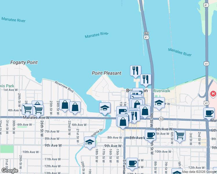 map of restaurants, bars, coffee shops, grocery stores, and more near 210 North 17th Street West in Bradenton