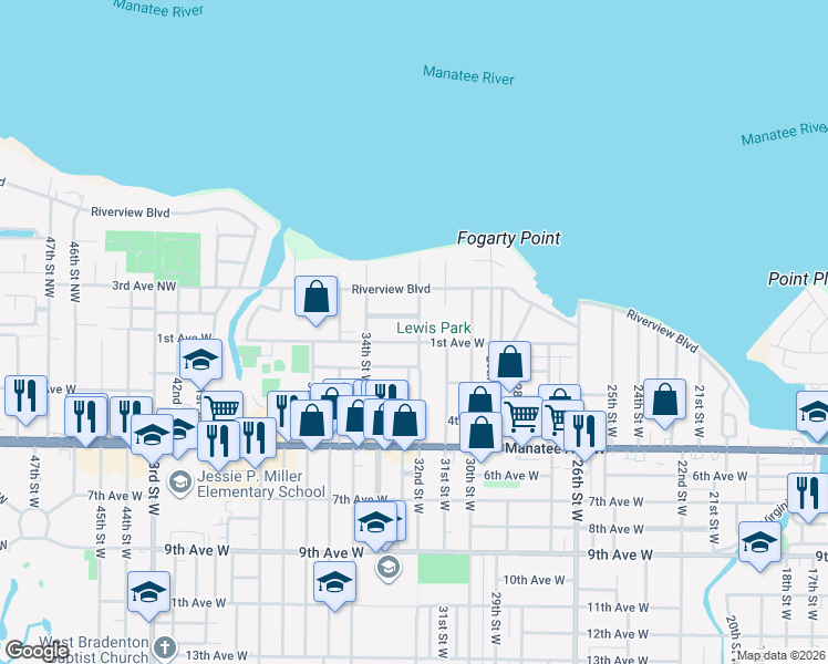 map of restaurants, bars, coffee shops, grocery stores, and more near 3218 1st Avenue West in Bradenton