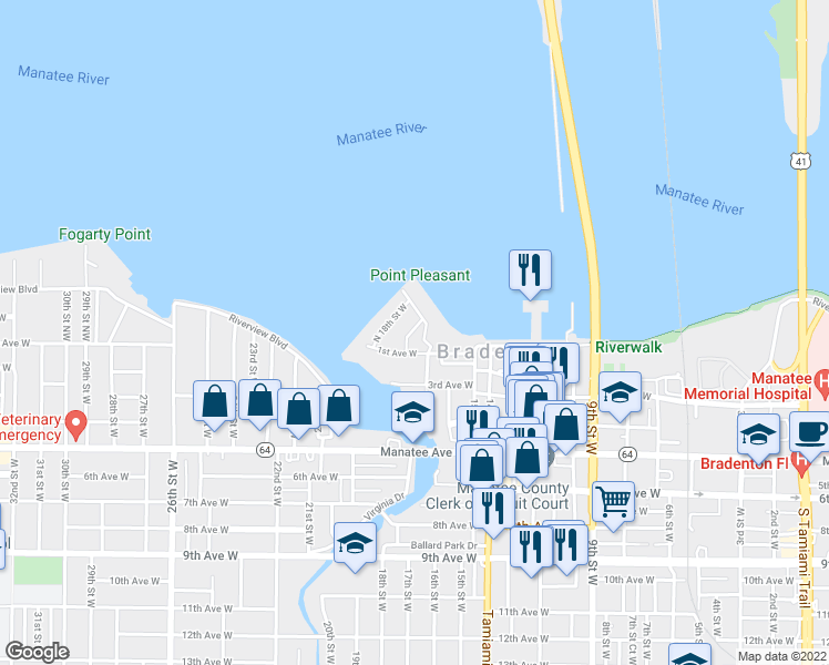 map of restaurants, bars, coffee shops, grocery stores, and more near 210 North 17th Street West in Bradenton