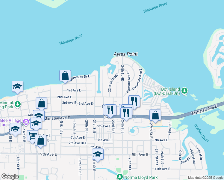 map of restaurants, bars, coffee shops, grocery stores, and more near 101 22nd Street Court Northeast in Bradenton
