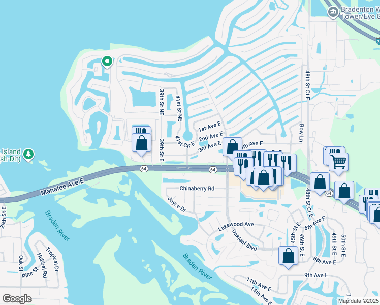 map of restaurants, bars, coffee shops, grocery stores, and more near 4103 3rd Avenue East in Bradenton