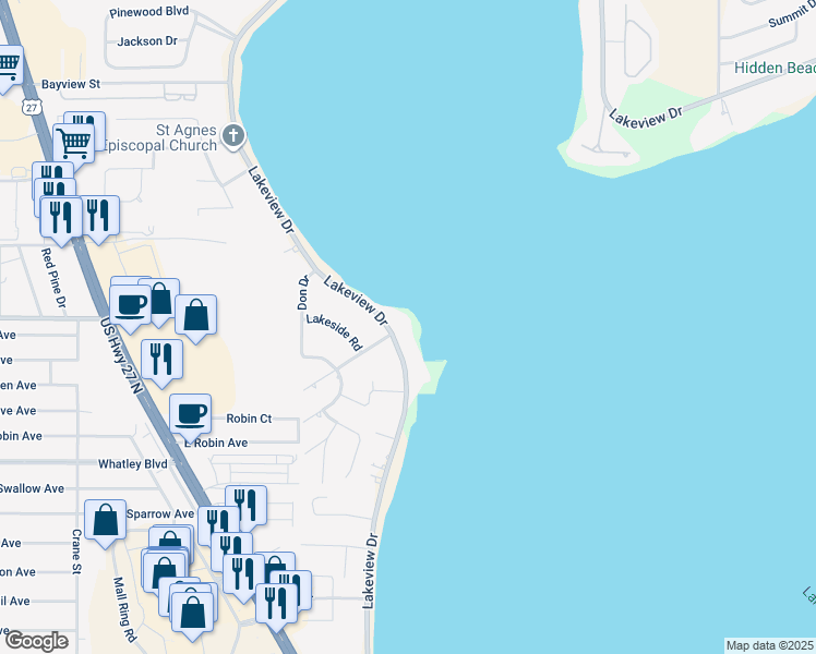 map of restaurants, bars, coffee shops, grocery stores, and more near 4221 Lakeview Drive in Sebring