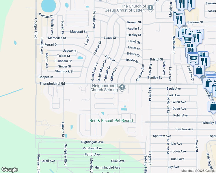 map of restaurants, bars, coffee shops, grocery stores, and more near 329 Manor Circle in Sebring