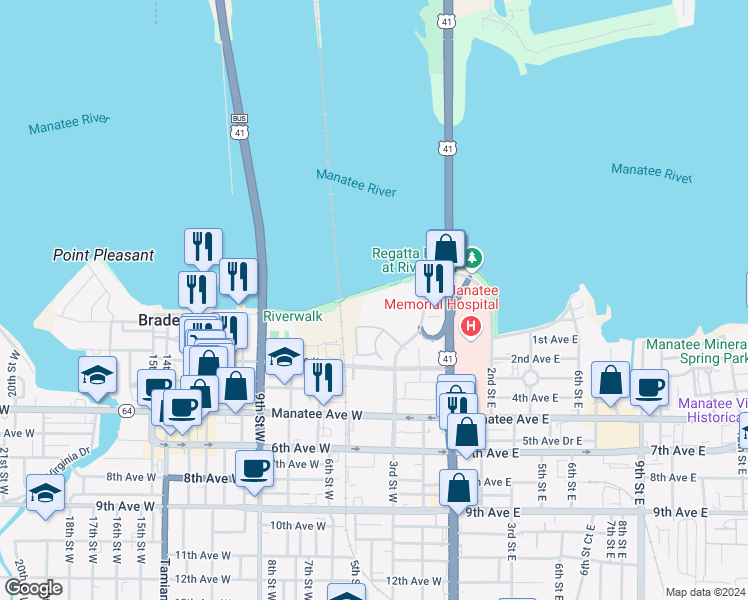 map of restaurants, bars, coffee shops, grocery stores, and more near 210 3rd Street West in Bradenton