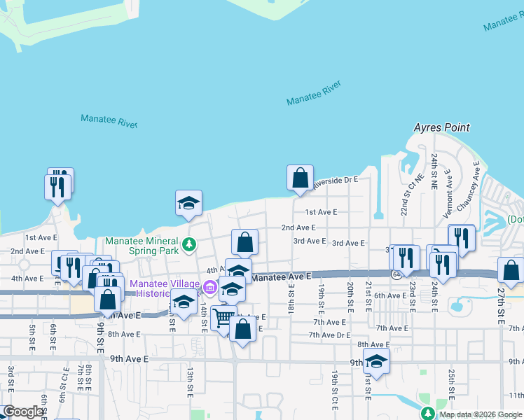 map of restaurants, bars, coffee shops, grocery stores, and more near 108 17th Street East in Bradenton