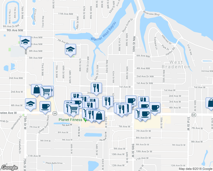 map of restaurants, bars, coffee shops, grocery stores, and more near 106 63rd Street Northwest in Bradenton