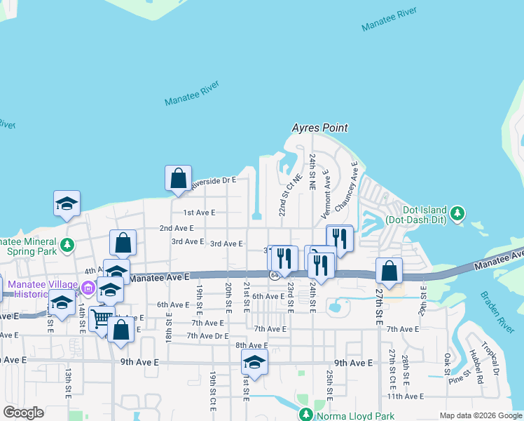 map of restaurants, bars, coffee shops, grocery stores, and more near 102 22nd Street Northeast in Bradenton