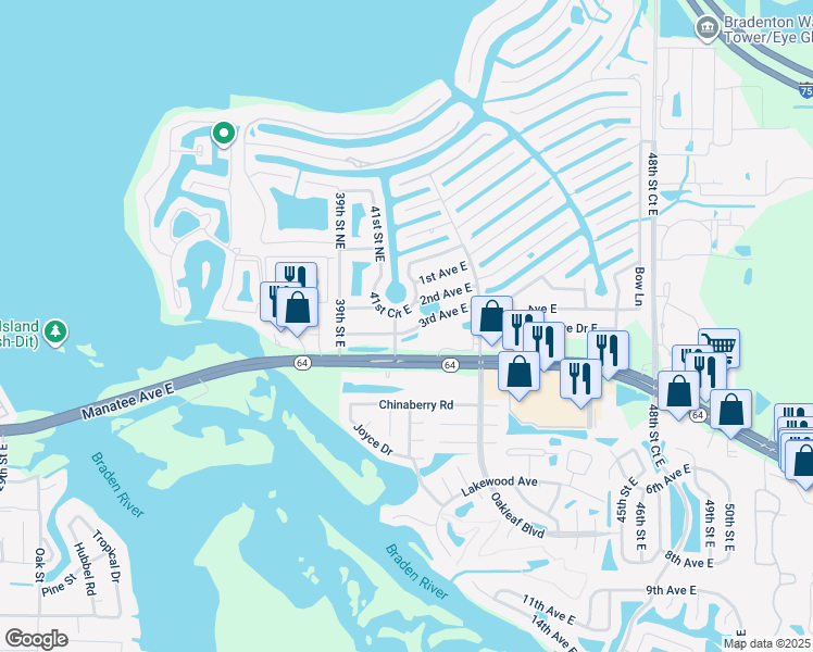 map of restaurants, bars, coffee shops, grocery stores, and more near 4103 3rd Avenue East in Bradenton