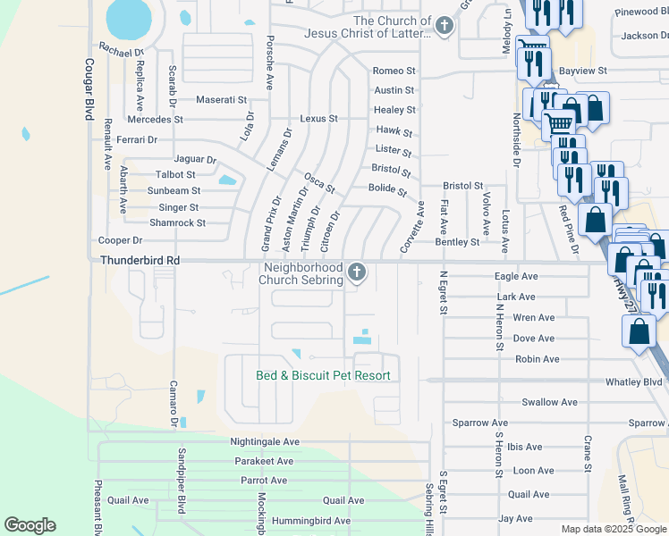 map of restaurants, bars, coffee shops, grocery stores, and more near 100-698 Manor Cir in Sebring