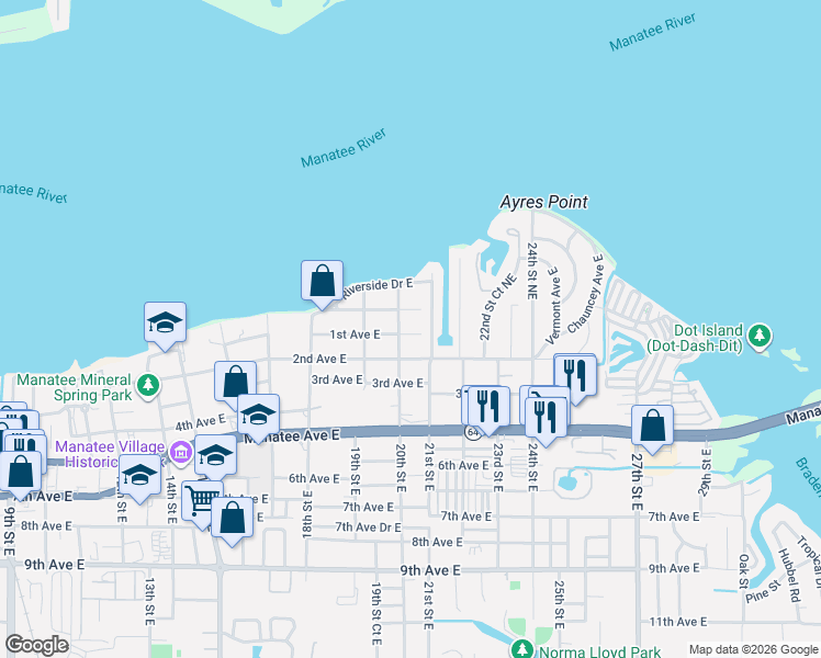 map of restaurants, bars, coffee shops, grocery stores, and more near 2014 1st Avenue East in Bradenton