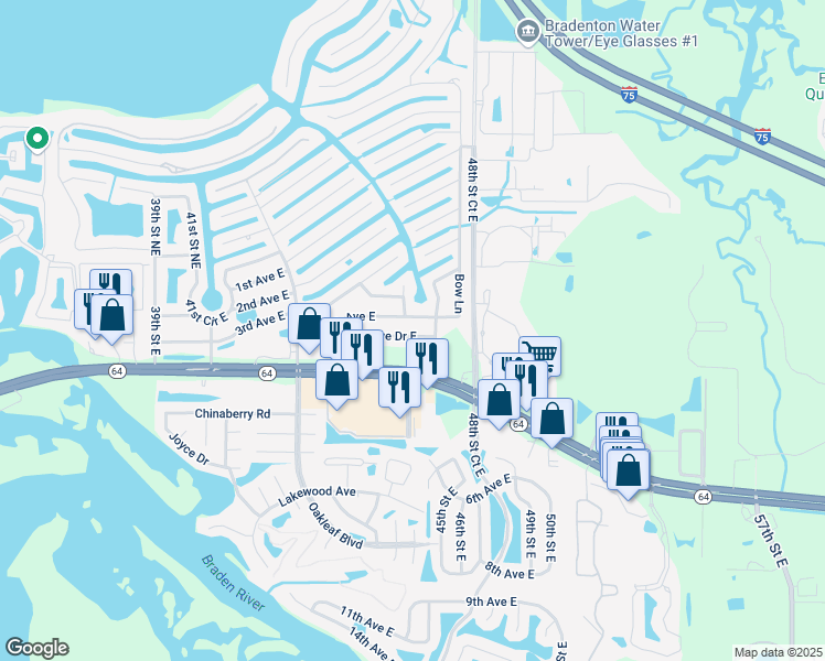 map of restaurants, bars, coffee shops, grocery stores, and more near 4612 4th Avenue Drive East in Bradenton