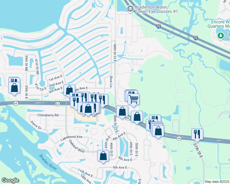 map of restaurants, bars, coffee shops, grocery stores, and more near 413 Bow Lane in Bradenton