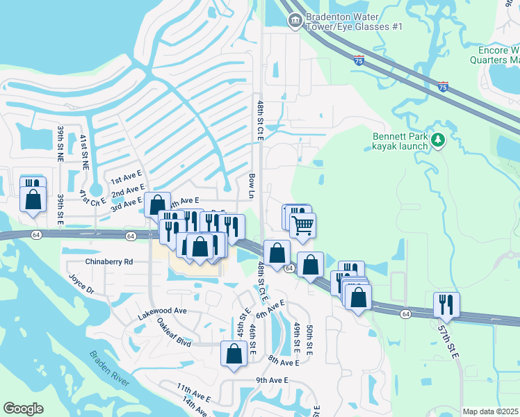 map of restaurants, bars, coffee shops, grocery stores, and more near 413 Bow Lane in Bradenton