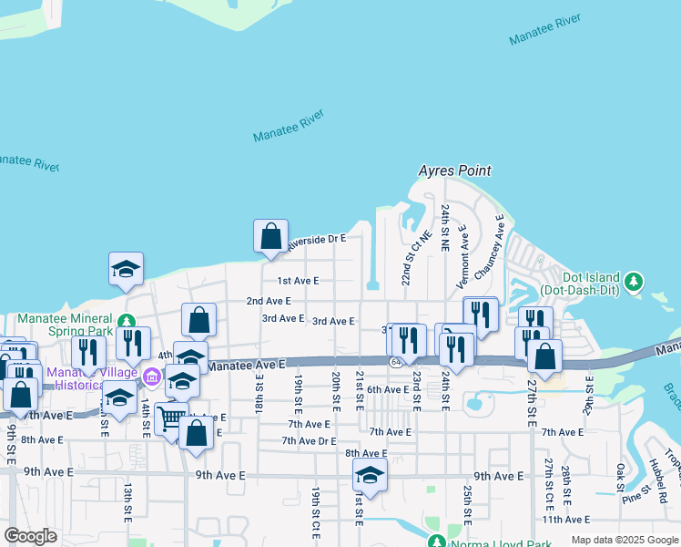 map of restaurants, bars, coffee shops, grocery stores, and more near 2014 1st Avenue East in Bradenton