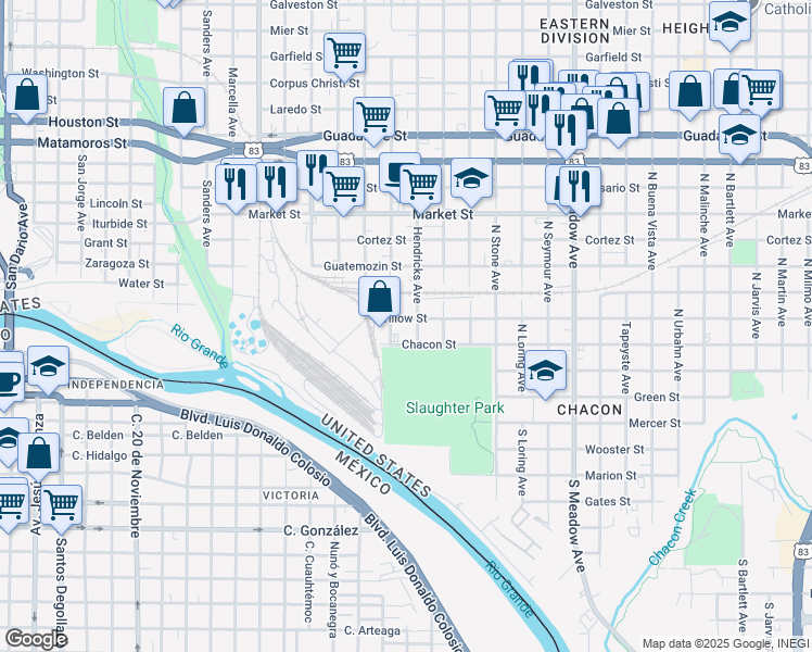 map of restaurants, bars, coffee shops, grocery stores, and more near 902 Chacon Street in Laredo