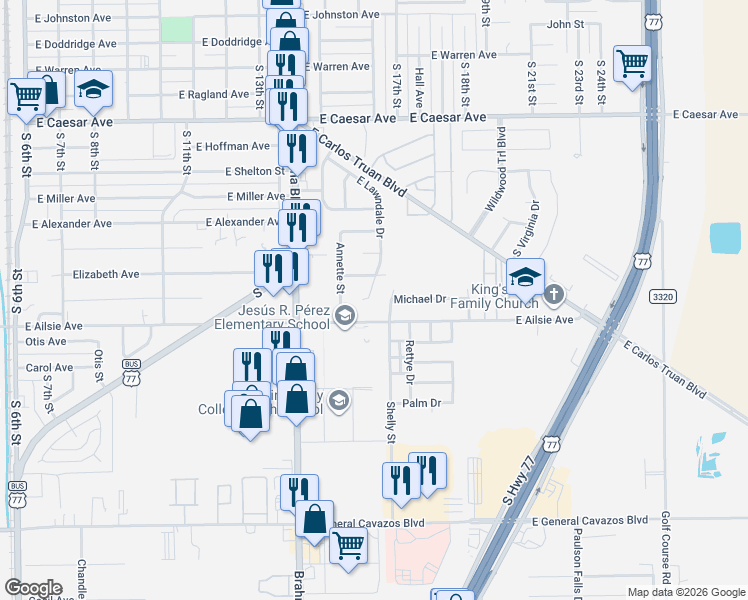 map of restaurants, bars, coffee shops, grocery stores, and more near 1720 East Lawndale Drive in Kingsville