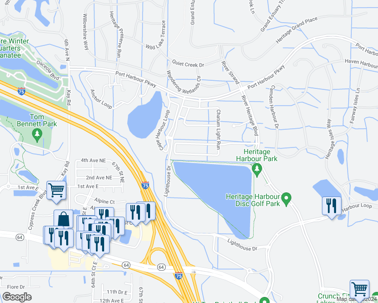 map of restaurants, bars, coffee shops, grocery stores, and more near 7160 Chatum Light Run in Bradenton