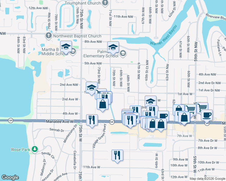 map of restaurants, bars, coffee shops, grocery stores, and more near 6915 1st Avenue Drive Northwest in Bradenton